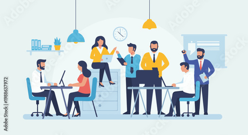 Diverse colleagues collaborate in a bright, modern office space, utilizing technology for teamwork and productivity