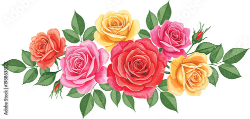 Beautiful seamless pattern featuring a romantic bouquet of red and pink rose flowers with green leaves for a wedding gift or Valentine's Day blossom