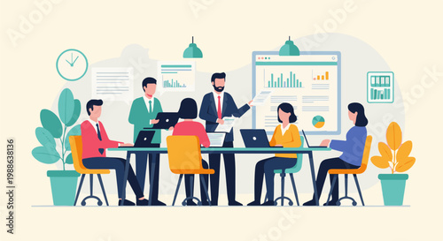 Colleagues in a modern office collaborate around a table, working on laptops with a presentation board