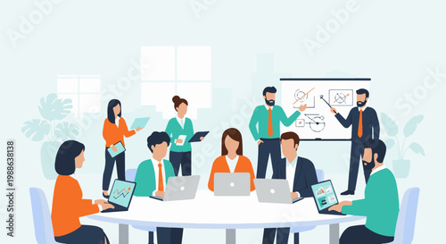 Diverse team in office meeting, presenting ideas on whiteboard, using laptops and tablets