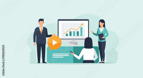 Business team presenting data on computer screen with upward trending graph, icons