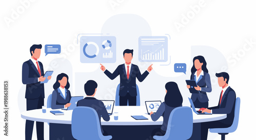 Professionals in a meeting, discussing charts and graphs, with a presenter leading