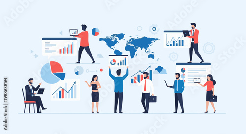 Professionals analyzing global business data with charts and a world map
