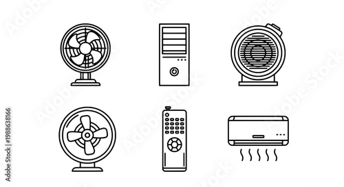 Fans and air conditioners set with line icons and remote control featuring cooling devices, heating and cooling, HVAC with vector illustrations and