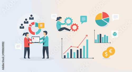 Business people collaborating with data visualization, charts, and financial symbols