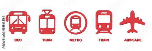 Public transport icons illustration, silhouette set of car bus tram train metro plane and ship with station signs for mobility design.