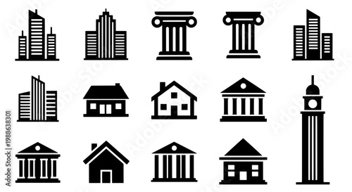 Buildings icon set with various architectural styles and structures featuring architecture, icons, skyscrapers with houses and residential elements