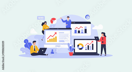 Diverse people collaborating around screens displaying charts and graphs, symbolizing data analysis