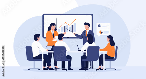A team meeting is underway, with a presenter pointing to a graph on a large screen