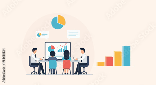 People in a meeting discussing charts and graphs on a screen and board
