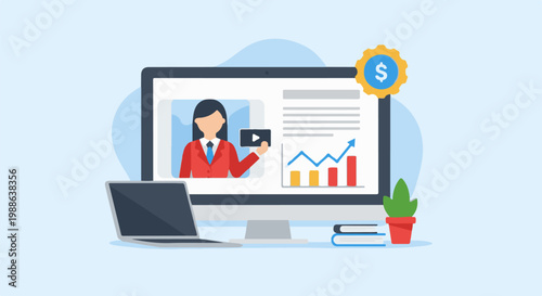 Digital presentation with charts, financial icon, and learning elements