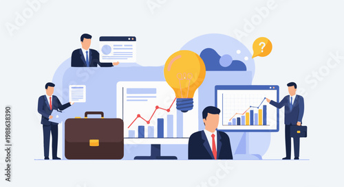 Business professionals analyze growth charts, a bright idea illuminates their strategy