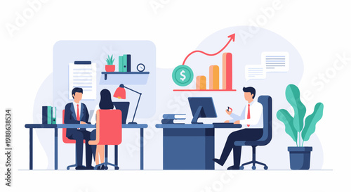 Office meeting with financial growth chart, plants, and computers