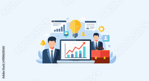 Two businessmen collaborate on a laptop displaying a rising graph, under a bright idea lightbulb