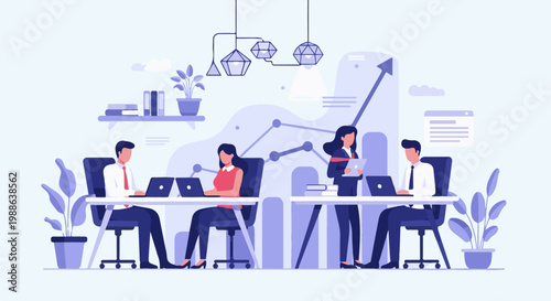 Diverse professionals collaborate at desks with laptops, a growth chart, and office plants