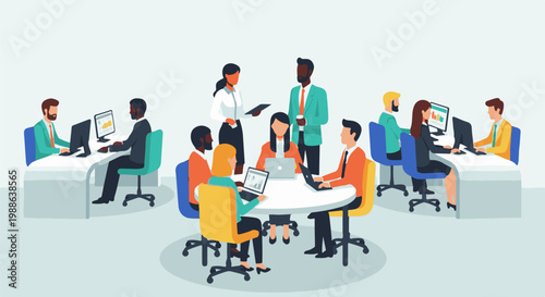 Diverse professionals collaborate in a modern office setting, working on computers and in meetings