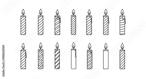 Candle flame icon set with multiple white wax candles and small glowing wicks for birthday and celebration designs