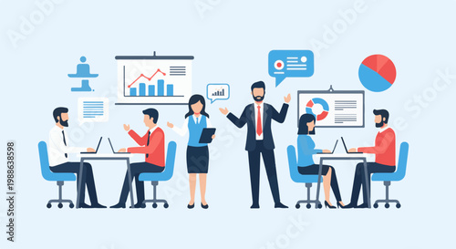 Flat illustration of professionals collaborating and presenting data in a meeting