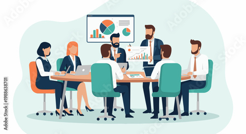 Business professionals gathered at a table, discussing charts and graphs