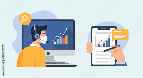 Person in mask with headset at computer, hand holds tablet with graphs