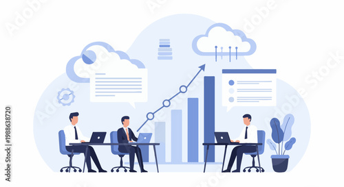 Three individuals in business attire work on laptops at desks, with a graph showing upward growth and clouds in the background