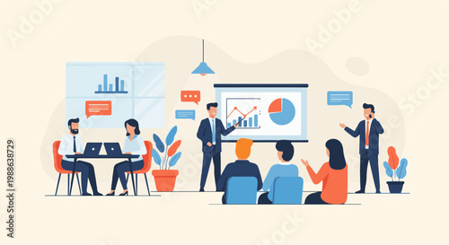 Business meeting presentation with people and charts