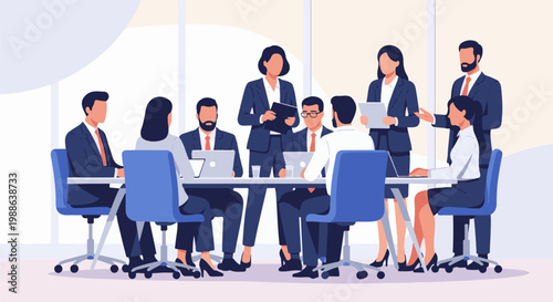 Diverse professionals in suits collaborate around a table with laptops and documents in a bright office