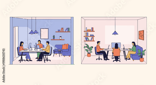 Diverse individuals work collaboratively in modern, open-plan office spaces, focused on laptops at shared desks