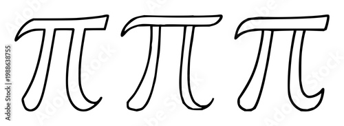 Pi icon set with stylized black line art on white background featuring pi symbol, line drawing, mathematical notation with minimalism and geometry