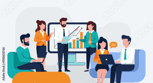 Diverse professionals collaborating in a meeting room, analyzing a data graph