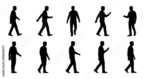 Figures walking, running, jumping and dancing silhouettes set for fitness, choreography and movement icons on white background
