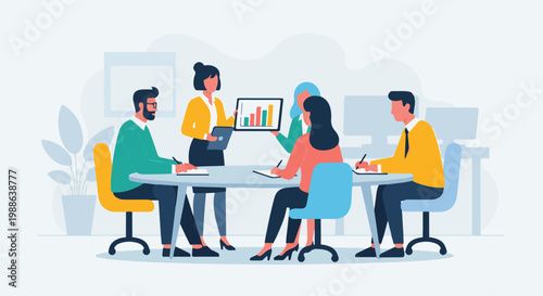 Diverse professionals collaborate around a table, presenting and analyzing data