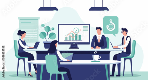 Business team collaborating on a project, analyzing charts and using laptops in a modern office