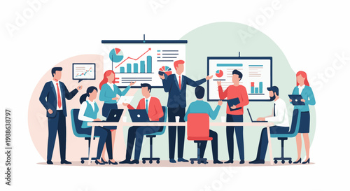Business professionals collaborate on a project, analyzing charts and data on screens