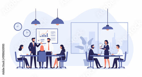 Colleagues in a modern office collaborating on business strategies around a conference table and a laptop presentation