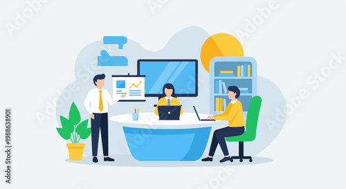 Three colleagues collaborate in a modern office, presenting data and working on laptops