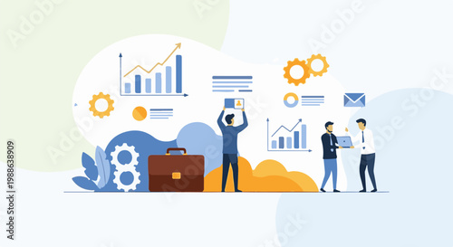 Business professionals collaborate with charts, gears, and a briefcase on a light background