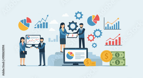 Business meeting illustrating financial growth with charts, graphs, money, and teamwork