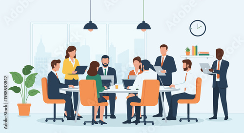 Diverse professionals collaborate in a modern office meeting, using laptops and tablets