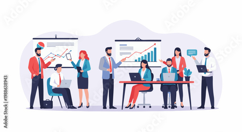 Colleagues collaborate in an office setting, presenting and analyzing data on charts