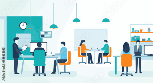 A diverse group of individuals working collaboratively in a modern, bright office setting