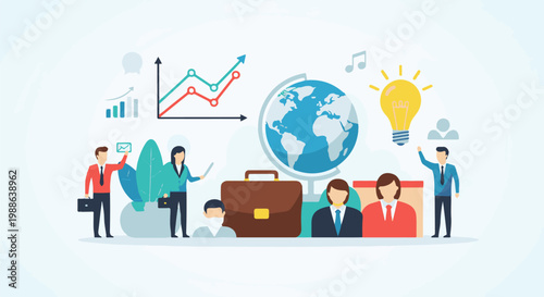Business professionals collaborate around a globe, charts, and a lightbulb, symbolizing growth and ideas