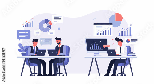 Professionals working at desks with data analysis charts and graphs displayed