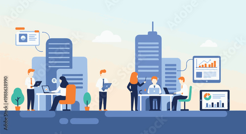 Office workers collaborate in a modern cityscape, analyzing data on digital devices