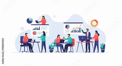 Diverse team collaborates on data analysis and strategy in a modern office setting, visualizing growth