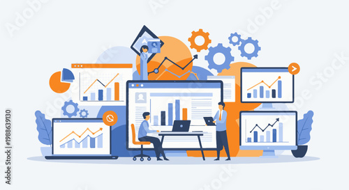 Abstract illustration of business analytics, featuring charts, graphs, and people interacting with data