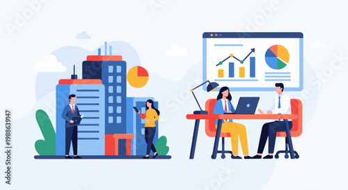 Diverse professionals collaborate in modern office environments, presenting data and overseeing city operations