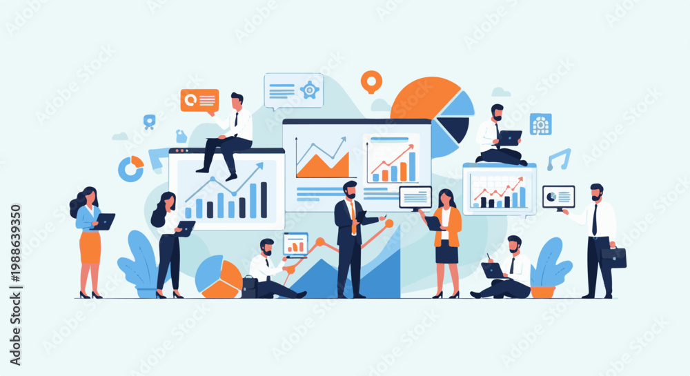 Obraz premium Business professionals collaborate on data analysis and charts in a modern office setting