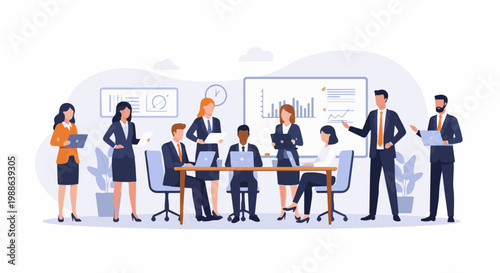 Professionals collaborate during a meeting, discussing data and plans