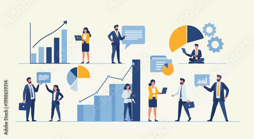 Business professionals analyzing data with charts, graphs, and laptops in a modern office setting